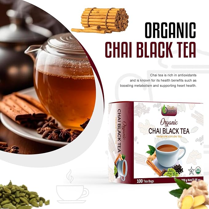 True Organic Premium Ceylon Chai Black Tea |100 Count Tea Bags | USDA Organic & Kosher Certified |100 Envelop Organic Chai Black Tea Bags for Your Home & Cafe. Tea With Ceylon Cinnamon, Cardamom, Clove, Black Pepper, ginger.