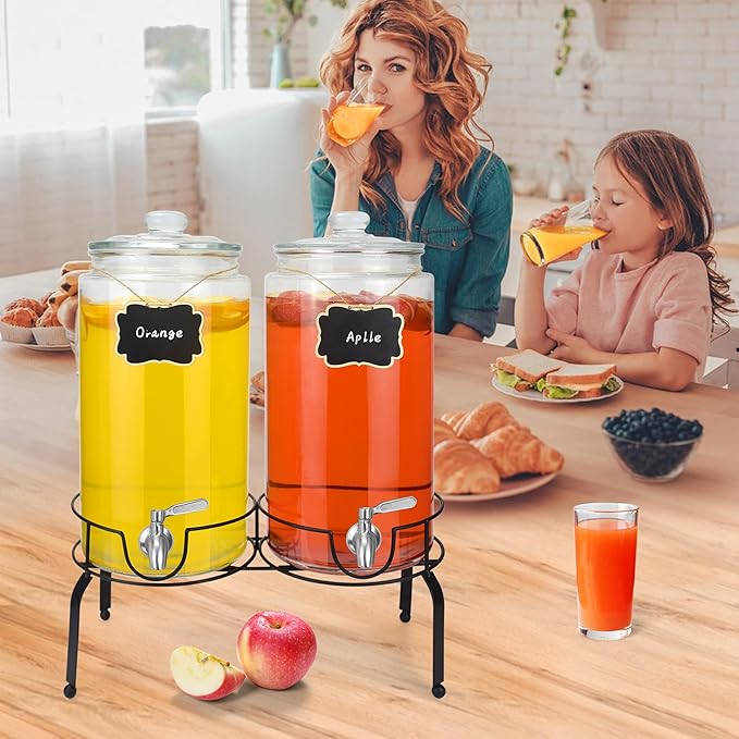 2 Gallon Beverage Dispenser 2 Pack, Stainless Steel Spigot Drink Dispenser for Parties with Stand, Clear Glass Drink Container Easy to Refill and Clean