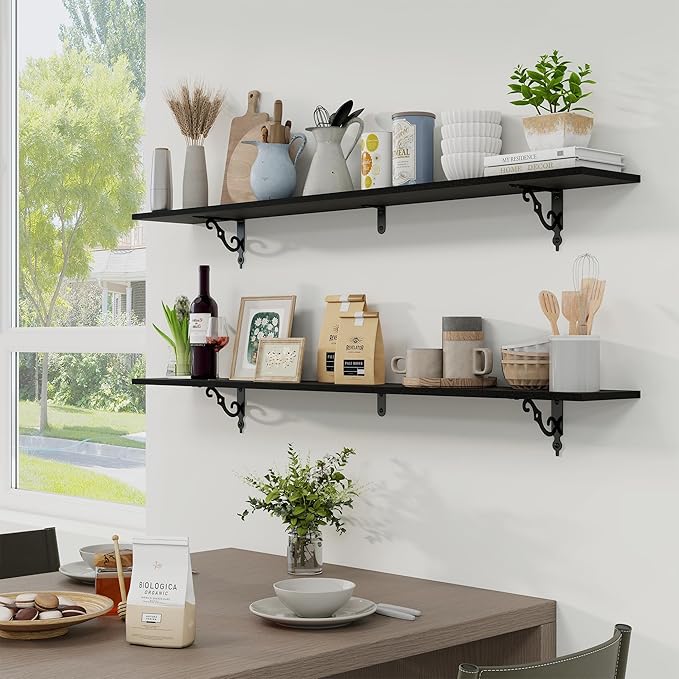 RICHFOCUS Floating Shelves for Wall Decor, 55.1W x 8D Shelves Set of 2, 8 Inch Deep Rustic Wood Shelves Wall Mounted with Brackets, Long Floating Shelves for Living Room Bedroom Kitchen, Black