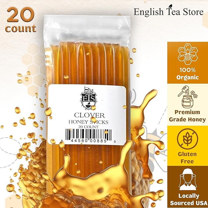 English Tea Store Honey Sticks | All-Natural Honeystix With Gluten-Free Grade A Honey | Mini Honey Stick For Tea, Cake Pops Or Snacks | Portable Sweet Treat | Clover Flavored Honey Sticks - 20 Count
