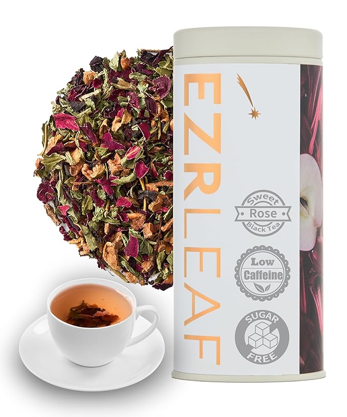 EZR Leaf Sweet Rose Black Tea – Loose Leaf Rose Fruit Tea, Floral & Fruity Blend, Low Caffeine Canister 1.76 Ounce