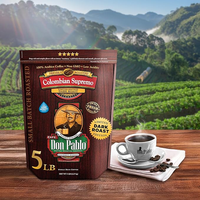 Don Pablo Colombian Supremo - Limited Edition Dark Roast Gourmet Coffee, 100% Arabica Whole Bean, Non-GMO, Low Acidity, 5 Pound (5 lb) Bag