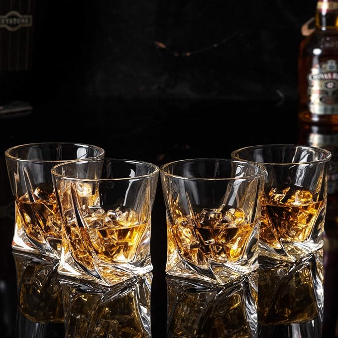 KANARS Whiskey Glasses Set of 4, 10 Oz Crystal Old Fashioned Cocktail Glass in Gift Box, Twisted Lowball Bourbon Tumbler for Scotch Whisky Cognac, Rock Barware for Men Gift Christmas