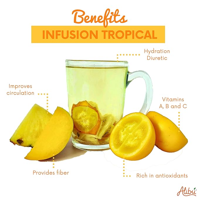 Alibú Dried Fruit Tea Infusions - Tropical - Naranjilla, Mango, Pineapple – Certified Vegan, 100% Natural, Hot or Iced, Caffeine Free, Eat and Drink - Box of 2.12 oz