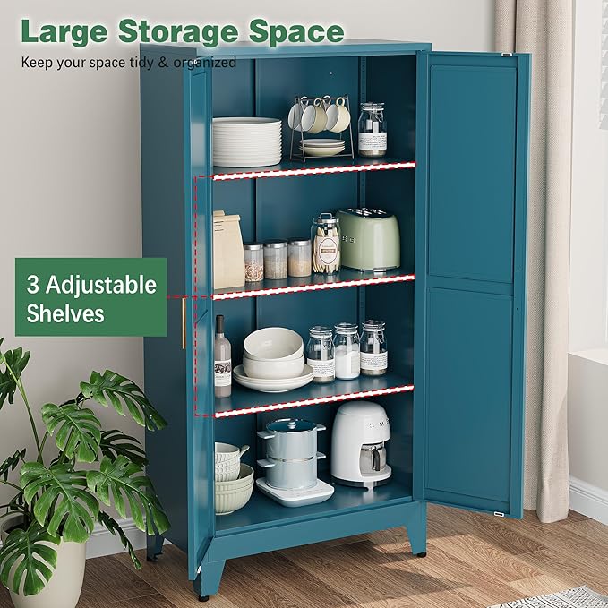Bathroom Storage Cabinet Freestanding, 61" Tall Metal Cabinets with Doors and Shelves, Blue Metal Pantry Cabinet for Kitchen, Living Room, Home Office