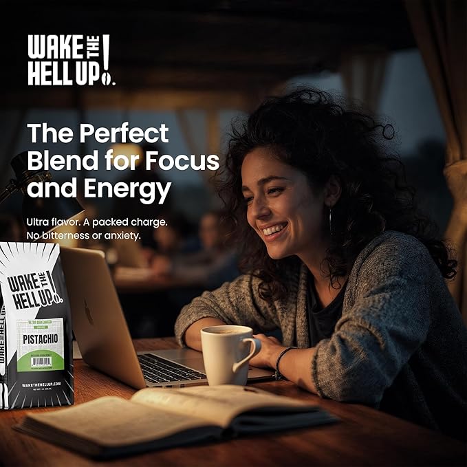 Wake The Hell Up! 1lb Ultra-Caffeinated Pistachio Ground Coffee, Low Acid, Medium-Dark Roast