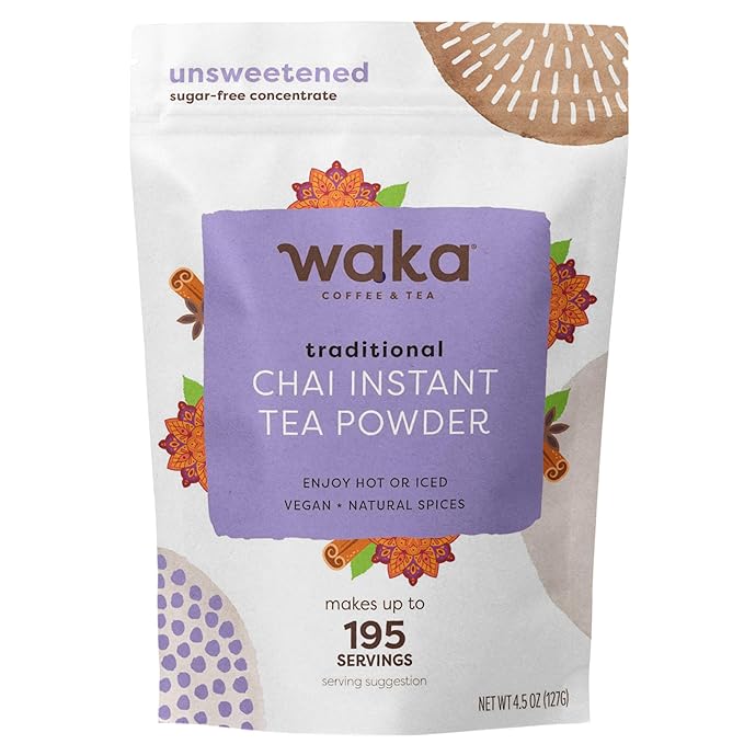 Waka Traditional Chai Tea Powder Mix - Chai Tea Concentrate Sugar Free, Pure Leaves from India, Natural Spices, Unsweetened, No Additives (4.5oz Pouch, 195 Servings)