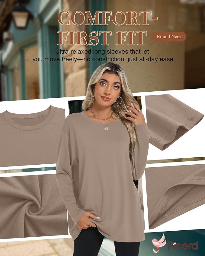 Ficerd 3 Pack Women's Oversized Long Sleeve Shirts Cotton Gym Round Neck Tops Loose Fit Casual Workout Baggy Fall Basic Tee