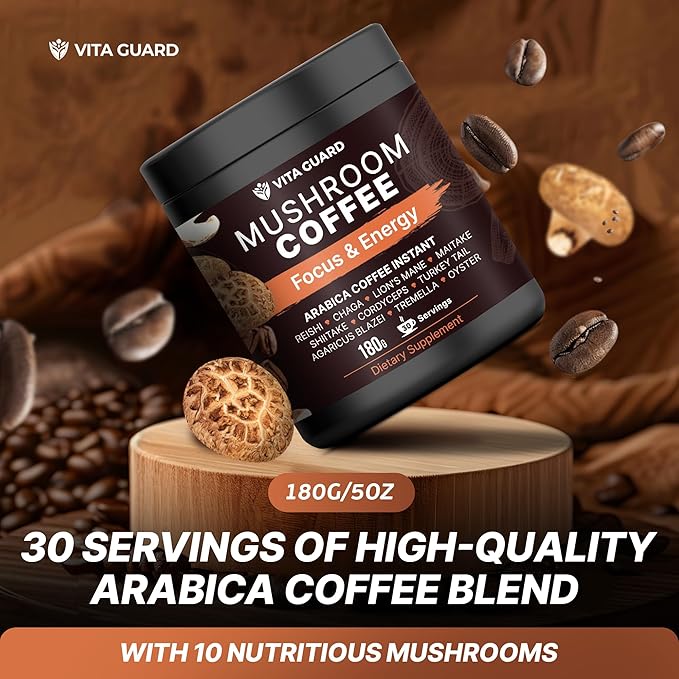 Vita Guard 10 Mushroom Coffee Instant Blend – Lion’s Mane, Cordyceps & Reishi – Premium Arabica with Coconut Powder – Focus, Energy & Immune Support | Cafe de Hongos – Rich & Smooth Adaptogenic Coffee