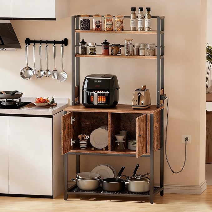 Kitchen Bakers Rack with Power Outlet, 5 Tiers Coffee Bar Table with Storage Cabinet, Microwave Oven Stand Kitchen Storage Shelf Rack for Spices, Pots and Pans (Rustic Brown)