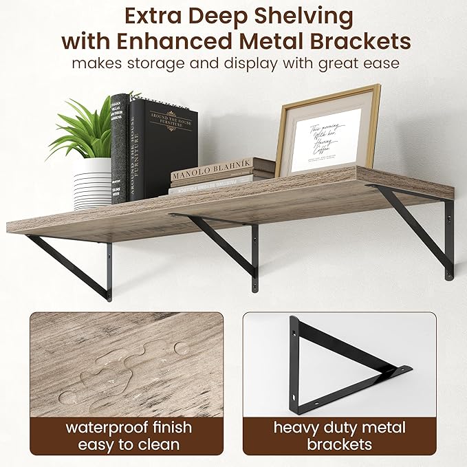 Axeman Deep Floating Shelves - 40 Inch Floating Shelves Set of 2-12 Inch Deep Grey Wood Wall Shelves for Living Room Bathroom Kitchen