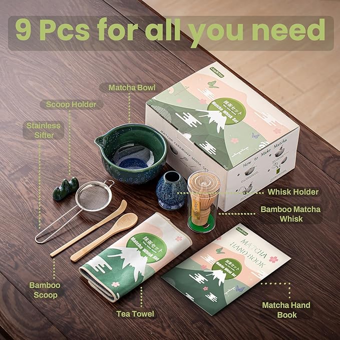 Clay&Fire Matcha Whisk Set，9 Pcs Ceramic Matcha Set, 15 OZ Matcha Bowl with Spout and Whisk for Friend, Ideal Gift for Matcha Lover（Starry）