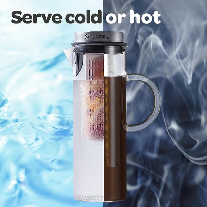 Hydracy Cold Brew Coffee Maker - Large Glass Infusion Pitcher 1.6 Quarts 52oz - Iced Coffee & Iced Tea Pitcher with Stainless Steel Lid & Fruit Infusion Tube - Perfect for Home or Office