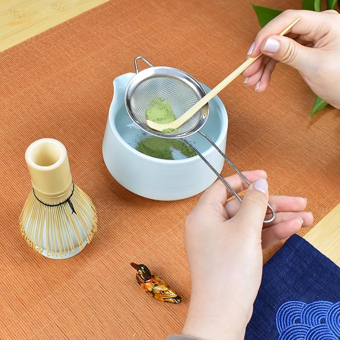 Artcome Matcha Tool Set - Complete Kit with Matcha Bowl with Spout, Bamboo Whisk, Tea Scoop, Whisk Holder, Scoop Holder, Tea Cloth & Powder Strainer, Celadon Blue