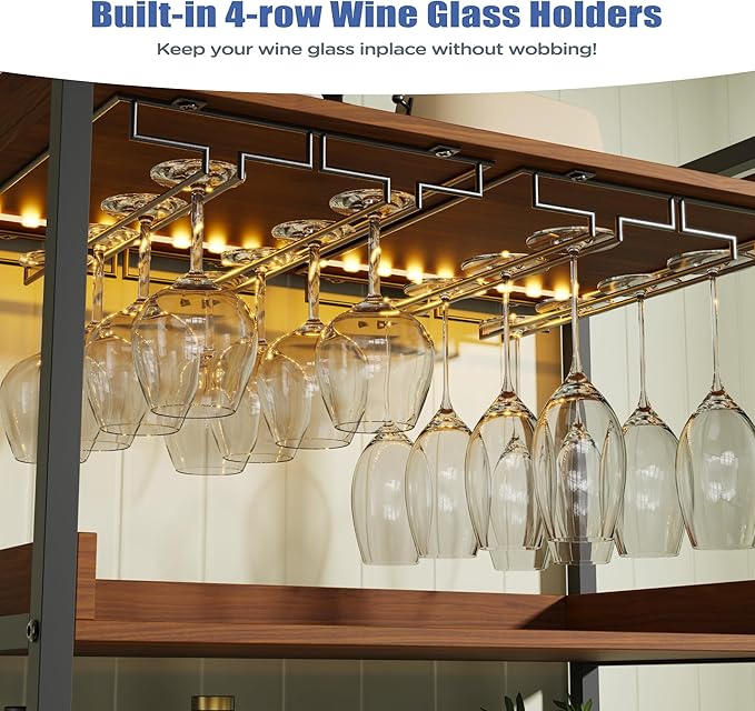 Wine Bar Cabinet with LED Lights, Industrial 67" Tall Coffee Bar with Glass Rack, Liquor Cabinet Wine Rack Storage Metal Wood Sideboard Buffet for Home Dining Living Room, Brown