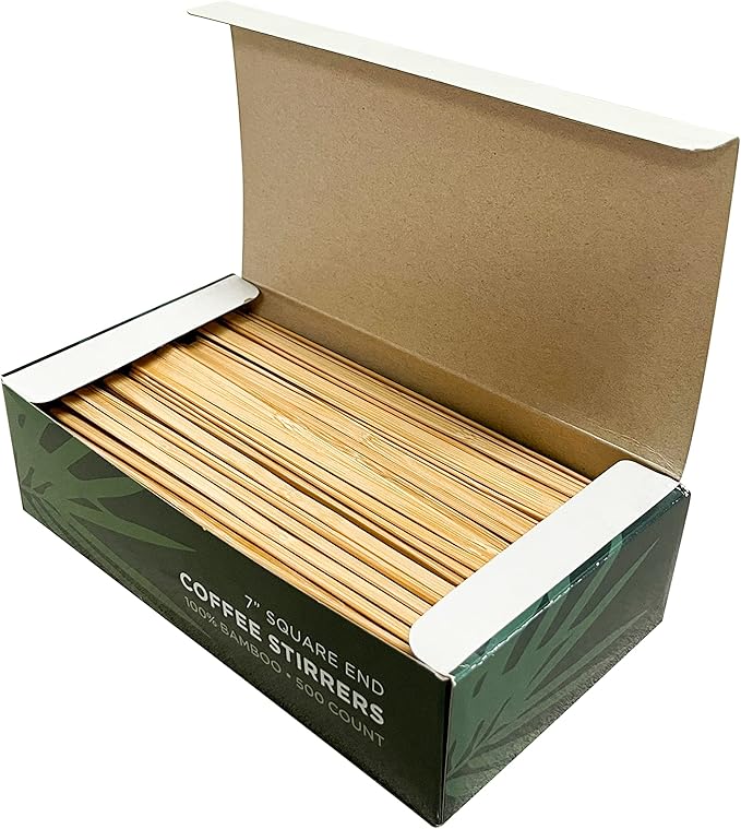 1000 Count | KingSeal Bamboo Wood Coffee Stirrers, Square End, 7 inch Length, 100% Renewable and Biodegradable - 2 Boxes x 500 Stirrers