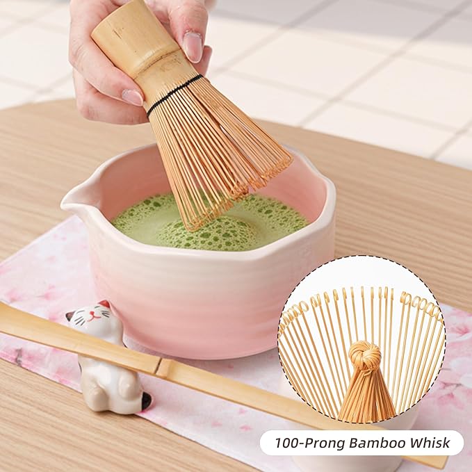 Pink Matcha Set, 7 Pcs Matcha Kit with Matcha Bowl with Spout, Bamboo Whisk & Holder, Tea Towel, Stainless Sifter, Bamboo Scoop & Rest, Cute Macha Gift Set for Women Birthday Christmas