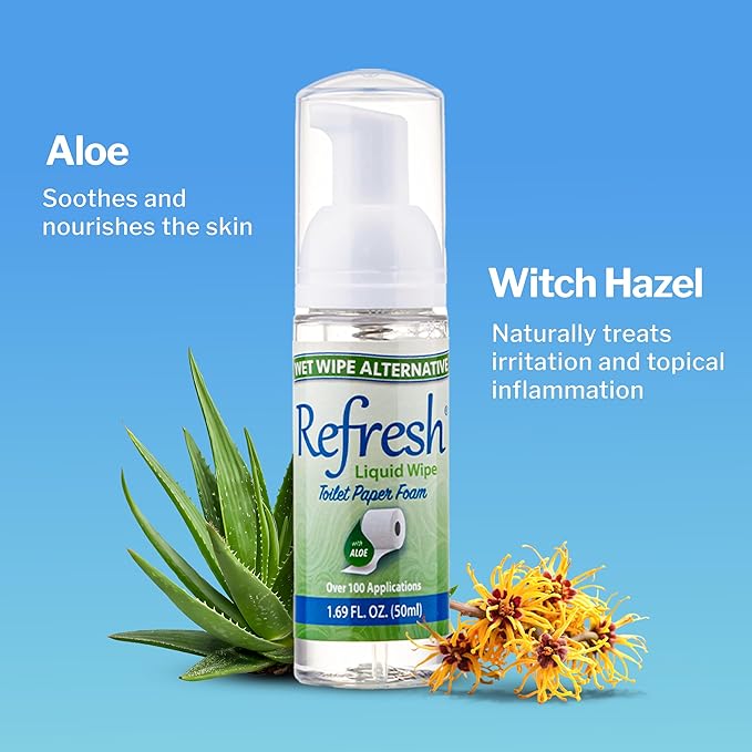 Refresh Liquid Wipe Toilet Paper Foam | Eco-Friendly Flushable Wet Wipe Alternative for Sensitive Skin | Cleanses and Soothes with Witch Hazel and Aloe | Plumbing Safe | Alcohol Free | 50ml