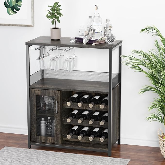 GarveeHome 3-Tier Wine Bar Cabinet with Detachable Wine Rack, Liquor Cabinet with Storage, Coffee Bar Cabinet with Glass Holder & Door, Sideboard Buffet Bar for Living Room, Dining Room, Dark Wood