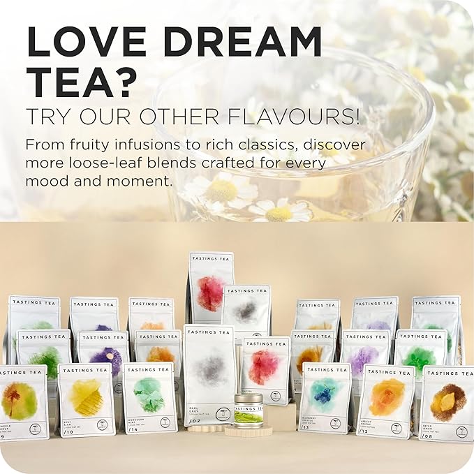 Tastings Tea Dream Loose Leaf, 1.2 oz | Calm Herbal Sleep Blend with Chamomile, Valerian & Lemon Grass | Natural Antioxidants for Wellness & Bed | Small Batch & Sustainably Sourced | Resealable Pouch
