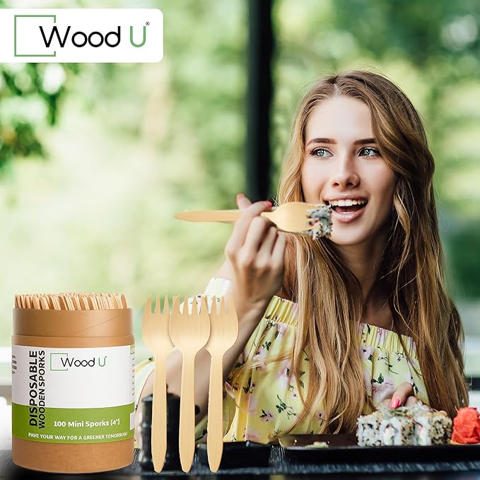 Mini wooden spork disposable Perfect for Dessert, Appetizers, Cocktails, Eco-Friendly spork wood for sample & tasting, Biodegradable & compostable | 100% All-Natural - Pack of 100-4” by WoodU