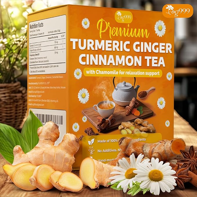 TOG999, Turmeric Ginger Cinnamon Tea Bags | 60 Count | Herbal Blend with Turmeric, Ginger, Cinnamon Stick & Chamomile Flowers for Relaxation | Naturally Flavorful, Caffeine-Free | Packed in Paper Box
