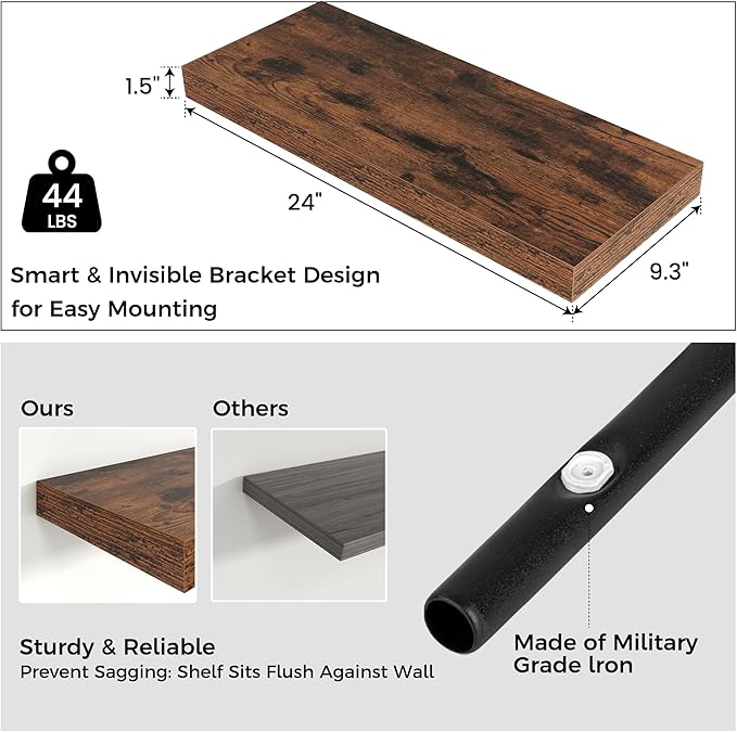 Floating Shelves for Wall, Engineered Wood Wall Shelves with Invisible Brackets for Living Room Bedroom Bathroom Office Kitchen Decor and Storage (Brown, 24" W x 9" D x 1.5" H) Set of 2