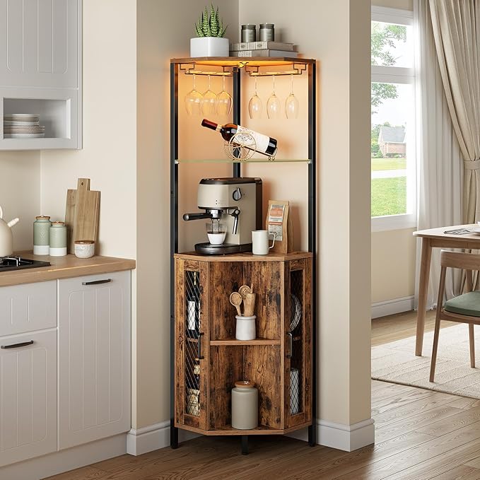 Corner Bar Cabinet with LED Lights, Tall Wine Cabinet with Storage, 5-Tier Industrial Corner Liquor Cabinet with Glass Holders, Adjustable Shelves, for Kitchen, Home, Rustic Brown and Black