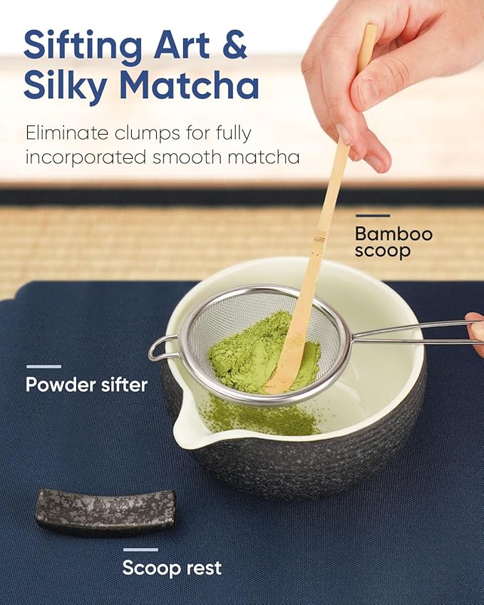7 Pcs Matcha Kit Set, Matcha Whisk and Bowl with Spout, Powder Sifter, Whisk Holder, Bamboo Scoop and Scoop Rest, Perfect Prepare Tools for Making Macha Tea (Charcoal Grey)