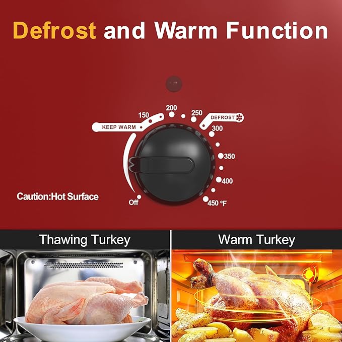 HEYNEMO 22Qt Turkey Roaster Oven Buffet with Self-Basting Lid, 1450W Electric Countertop Oven, Cool-Touch Handles, Stainless Steel, Removable Pan and Rack, Red