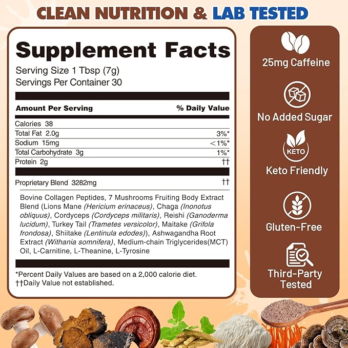 BLAZZE Mushroom Coffee,Adaptogenic 7 Mushrooms with Reishi,Lion's Mane & Chaga,Collagen Peptides, Ashwagandha,MCT,L-Theanine–Instant Coffee for Focus, Energy & & Immune Support–30 Servings