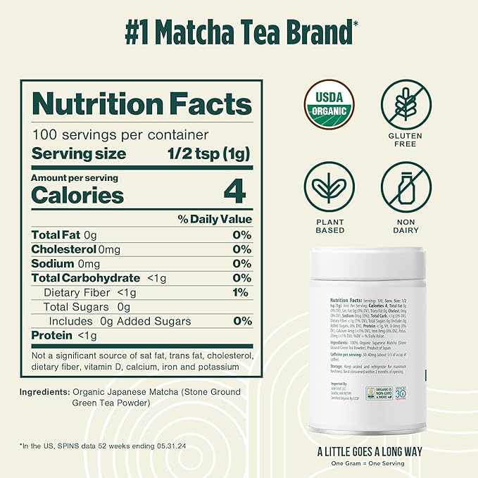 Jade Leaf Matcha Organic Premium Ceremonial Grade Matcha Green Tea Powder - Japanese - Culinary, Ingredient, Ceremonial Barista Teahouse, Latte, Collagen, 3.53 Ounce (Pack of 1), Ceremonial Teahouse Tin