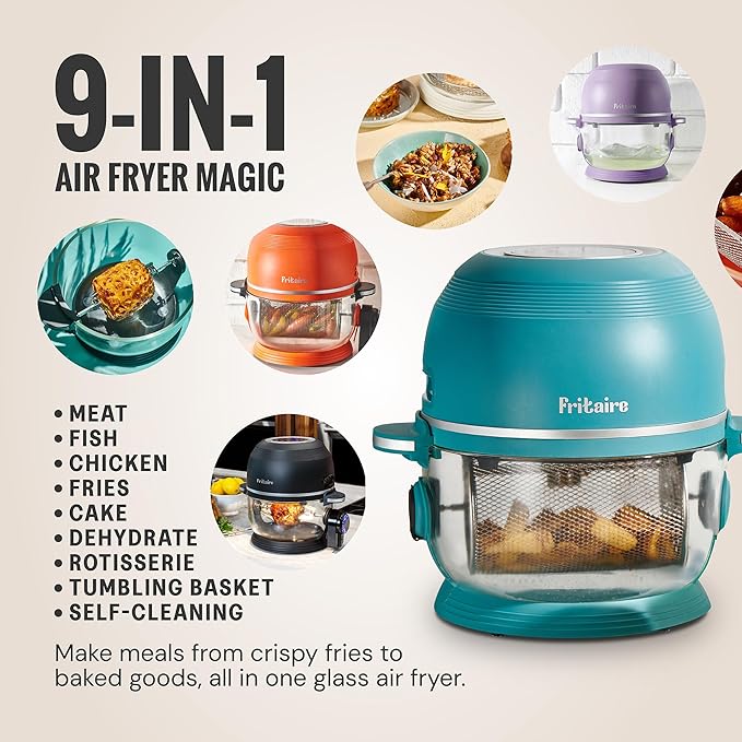 Non-Toxic Air Fryer - Glass AirFryer 5 Quart w/ 360 Visibility, Self-Cleaning, 400F Vortex Air Fryer for Even Cooking, BPA-Free Teflon Free, 6-in-1 Functions, Rotisserie, Roast, Bake, Glass