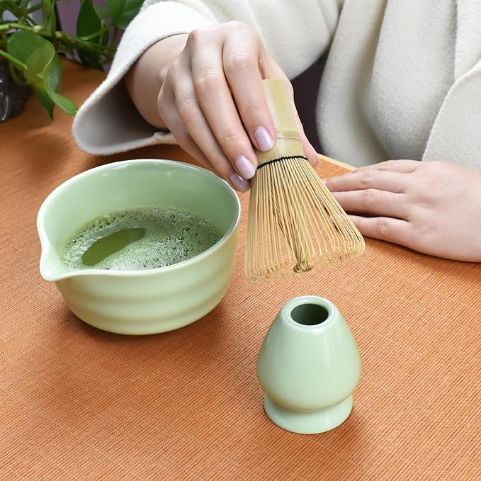 Artcome 7-Piece Matcha Tea Set - Complete Japanese Ceremony Kit with Bowl, Whisk, Scoop, Strainer & Guide, Green