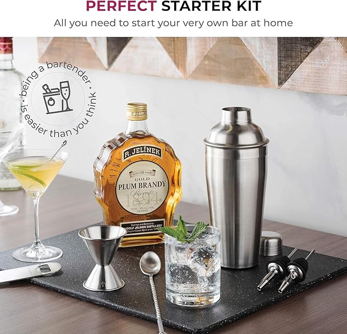 Cocktail Shaker Set 7-Piece, Bar Tools Stainless Steel Bartender Kit, with All Bar Accessories, Cocktail Strainer, Double Jigger, Bar Spoon, Bottle Opener, Pour Spouts