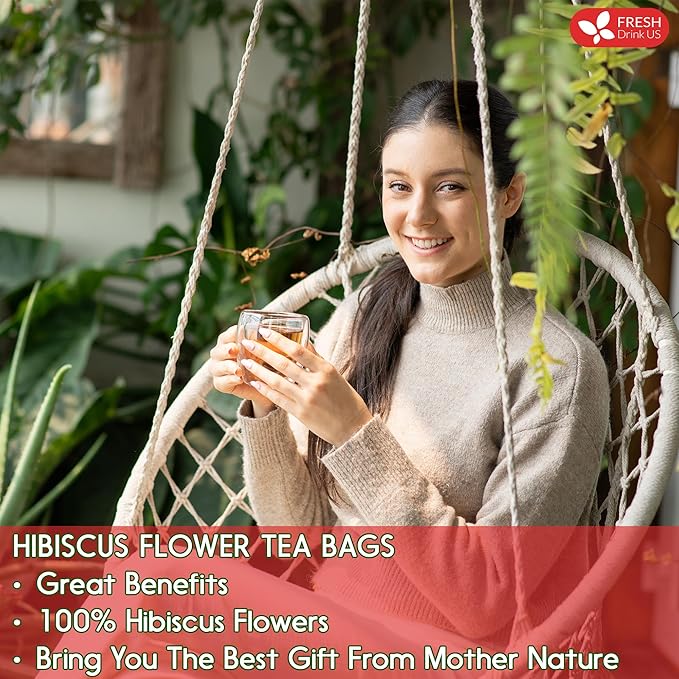 FreshDrinkUS, Premium 40 Hibiscus Flowers Tea Bags, 100% Natural, Pure from Hibiscus Flowers. Loose Flower Herbal Tea. No Sugar, No Caffeine, No Gluten, Vegan.