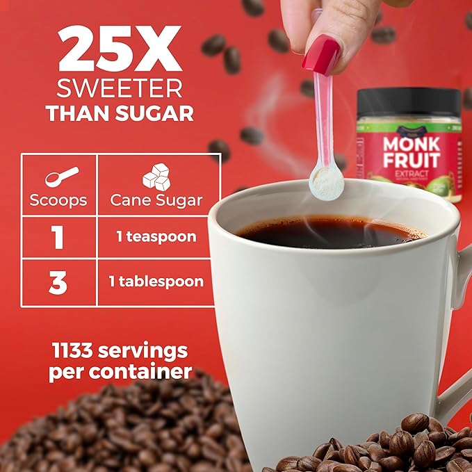 Monk Fruit Sweetener No Erythritol (25X Sweeter Than Sugar) Zero Calories, Zero Glycemic, Non-GMO, No Fillers - Monk Fruit Extract (7% Mogroside V) by Transparency Foods (6oz, 1133 servings)