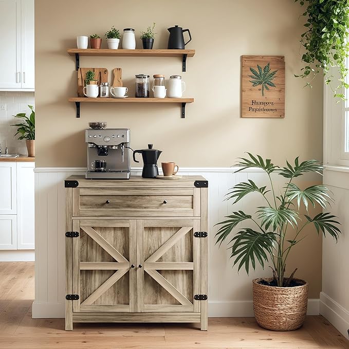 YESHOMY Coffee Bar and Accent Cabinet, Farmhouse Barn Door Buffet Sideboard with Drawer and Adjustable Shelf, Wide Desktop for Kitchen, Dining Room, Bathroom, Entryway, Oak