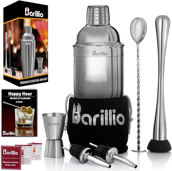 Barillio Mixology Bartender Kit - 8 pcs Stainless Steel Travel Cocktail Shaker Set with Bag - Bar Tools Set with Martini Shaker, Drink Mixer Spoon & Mojito Muddler for Cocktails, Pourers & Jigger