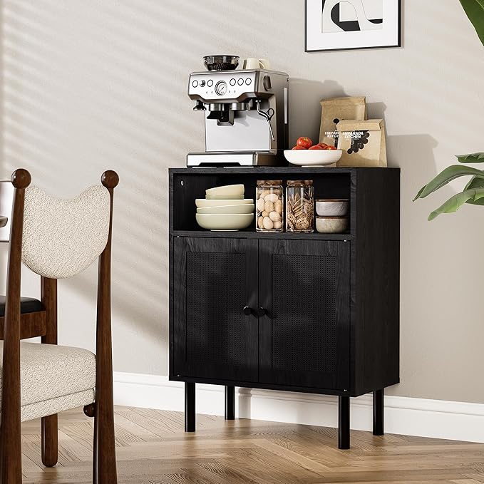 Rattan Storage Cabinet, Boho Accent Cabinet with Double Doors, Small Freestanding Sideboard for Hallway, Laundry Room,Kitchen, Dining Room, Entryway(Black)