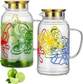 Glass Pitcher with Lid and Handle,2 PACK 68 oz/2 Liter Vintage Hand Painted Butterfly Design Fridge Water Pitcher, Borosilicate Glass Water Carafe for Hot/Cold Water Iced Sun Tea,Heat Resistant