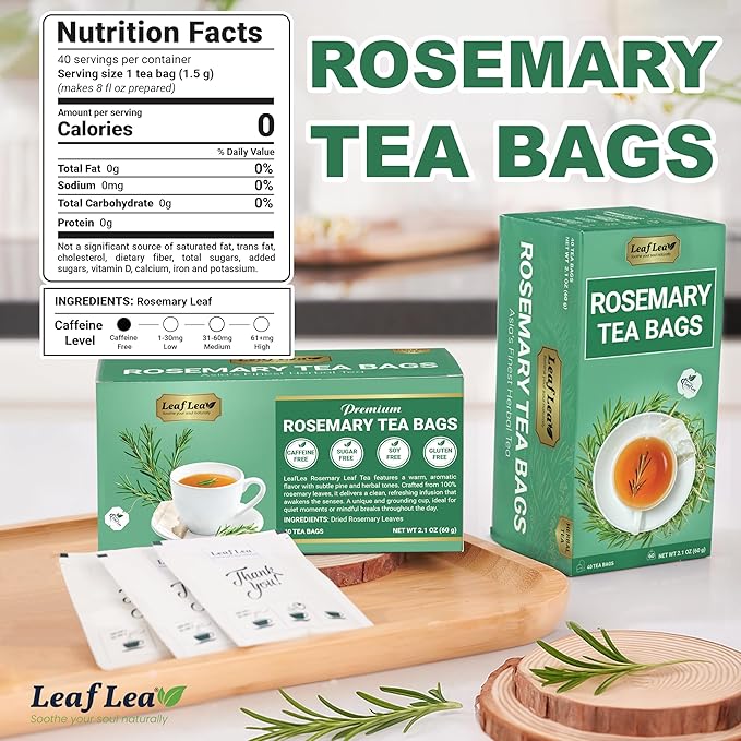 LeafLea 80 Rosemary Leaf Tea Bags, 100% Pure Rosemary Herbal Tea, Gentle Digestive Comfort & Relaxing, Te De Romero Featuring Subtle, Natural Flavor, Caffeine-Free, Sugar-Free, Non-GMO, Vegan