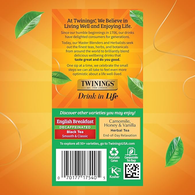 Twinings Decaffeinated Irish Breakfast Black Tea Individually Wrapped Bags, 20 Count (Pack of 6), Flavourful, Robust, Enjoy Hot or Iced, 120 Teabags