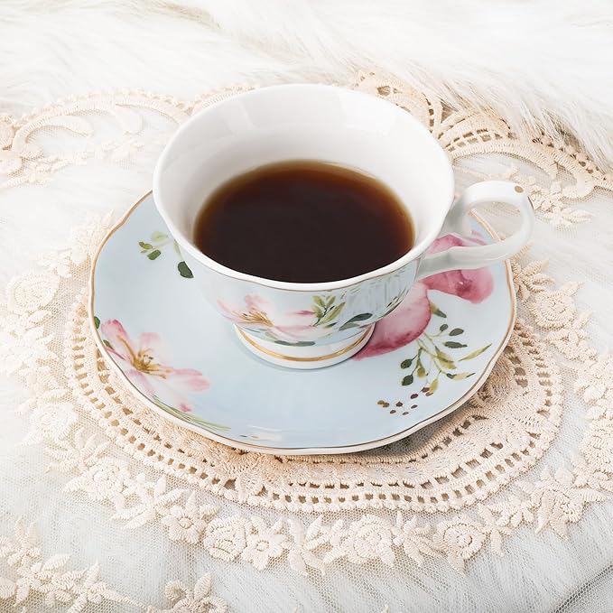 fanquare 5-Ounce Floral Tea Cups and Saucers Set of 6, Assorted Pastel Flowers Porcelain Coffee Cup with Gold Trim, Dishwasher & Freezer Safe