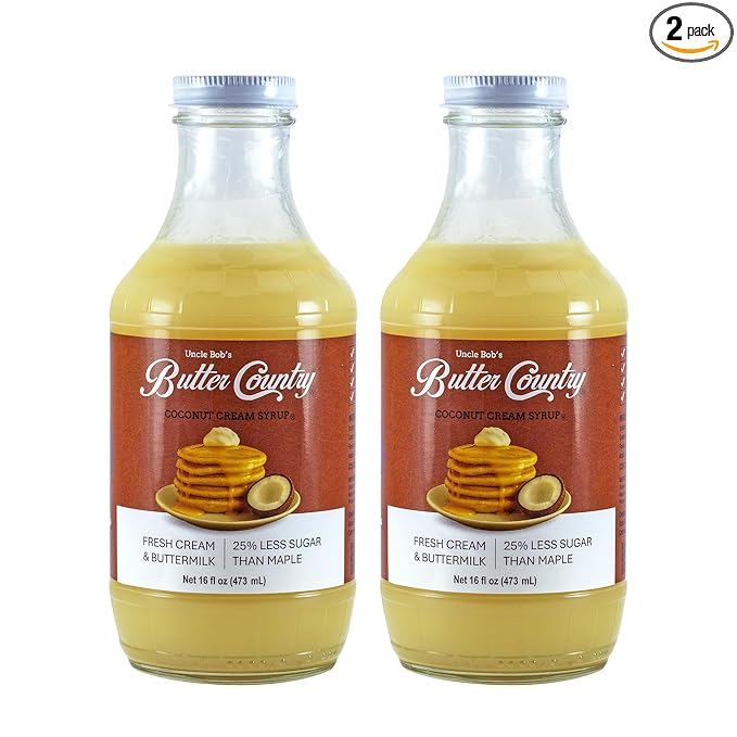 Uncle Bob's Butter Country Rich & Creamy Coconut Syrup for Pancakes and Waffles, Less Sugar, No Corn Syrup, Gluten Free, Made without Artificial Flavors, 16 fl oz Bottle/2 Pack