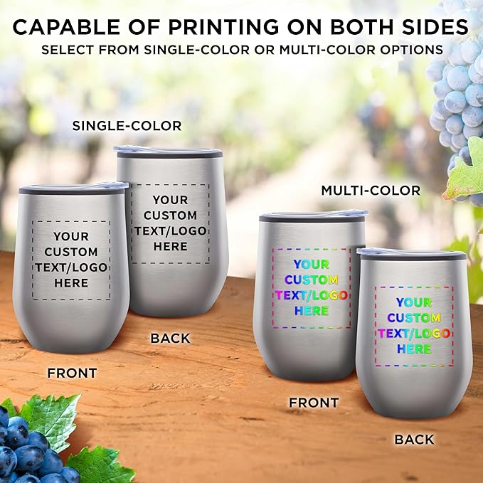 Custom Stemless Wine Tumblers 12 oz. Set of 6, Personalized Bulk Pack - Insulated, Perfect for Wine, Cocktails, Other Hot & Cold Beverages - Silver