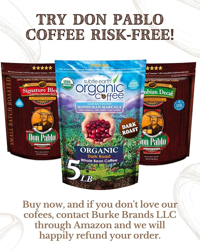 Subtle Earth Organic Coffee - Dark Roast - Whole Bean Coffee - 100% Arabica Beans - Low Acidity and Non-GMO - 5lb bag