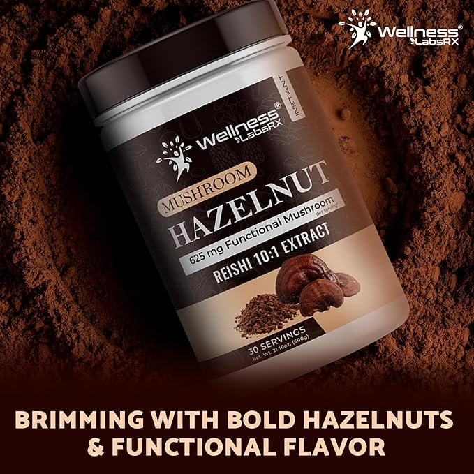 Mushroom Hazelnut Powder with Reishi 10:1 Extract, Hot Cocoa Powder Caffeine-Free Mushroom Coffee Alternative - Adaptogenic Superfood Drink for Focus, Relaxation, and Mood Support - 30 Servings