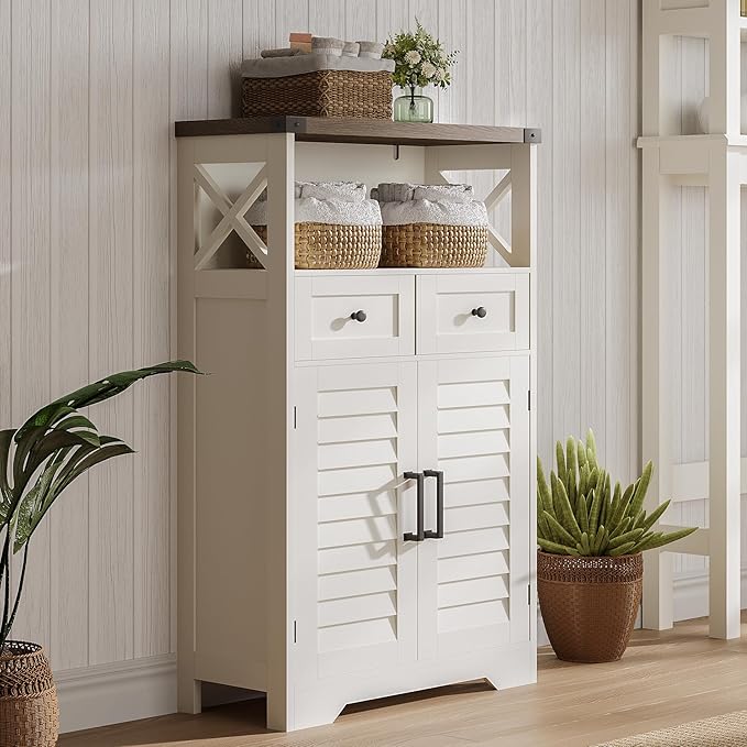 ChooChoo Farmhouse Storage Cabinet, Bathroom Floor Cabinet with Doors and Drawers, Kitchen Pantry Cabinet for Living Room, Laundry, White