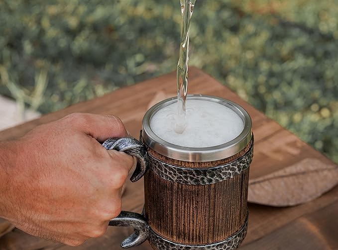 Norse Tradesman Stainless Steel Beer Tankard - 20 oz Tavern Style Mug for Hot or Cold Drinks - Imitation Wood & Iron